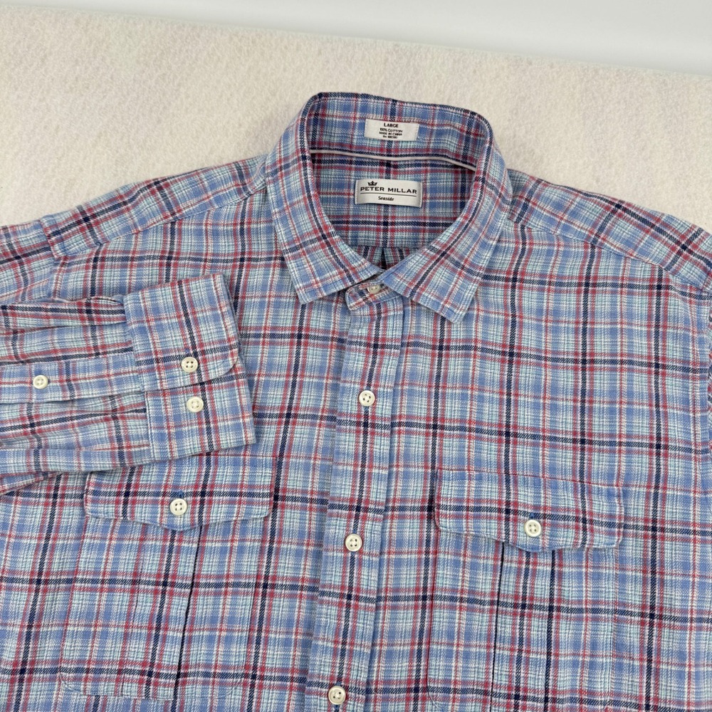Peter Millar Seaside Mens Large Blue/Red Plaid Cotton Flannel Button Up Shirt
